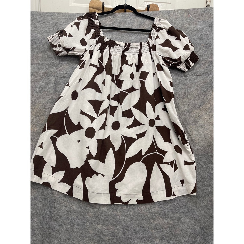 Free People Brown White Floral Smocked Puff Sleeve Mini Dress with Pockets - Picture 2 of 14